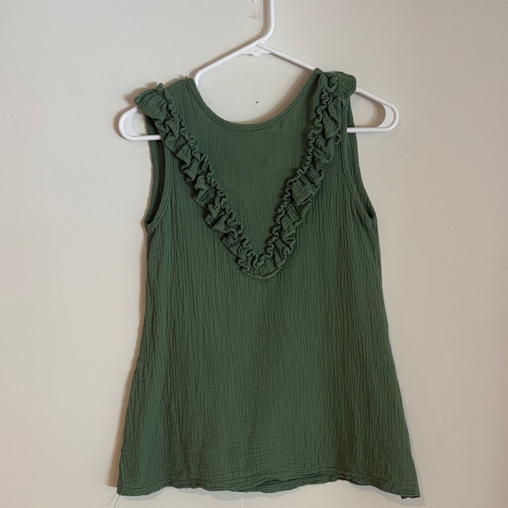 mabo sleeveless ruffle green organic cotton gauze dress